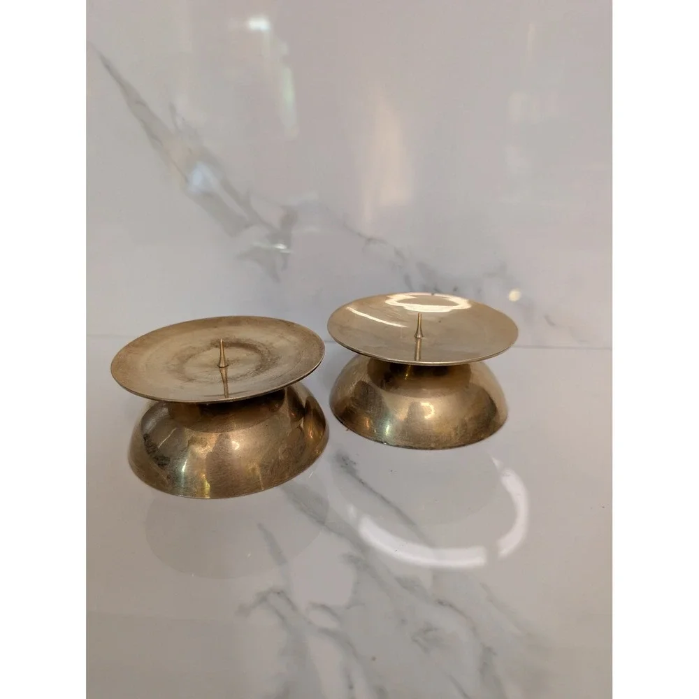 Vintage Solid Brass Spike Pillar Candle Holder Set of 2 Mid Century Modern Gold